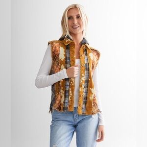 BKE Pieced Plaid and Corduroy Vest with Removable Hood